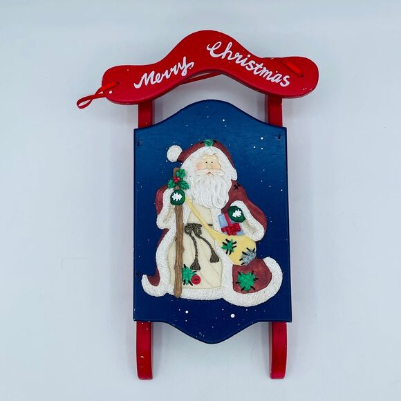 Merry Christmas Wooden Sled Sculpted Resin Santa Claus Hand Panted Sleigh - Picture 1 of 7